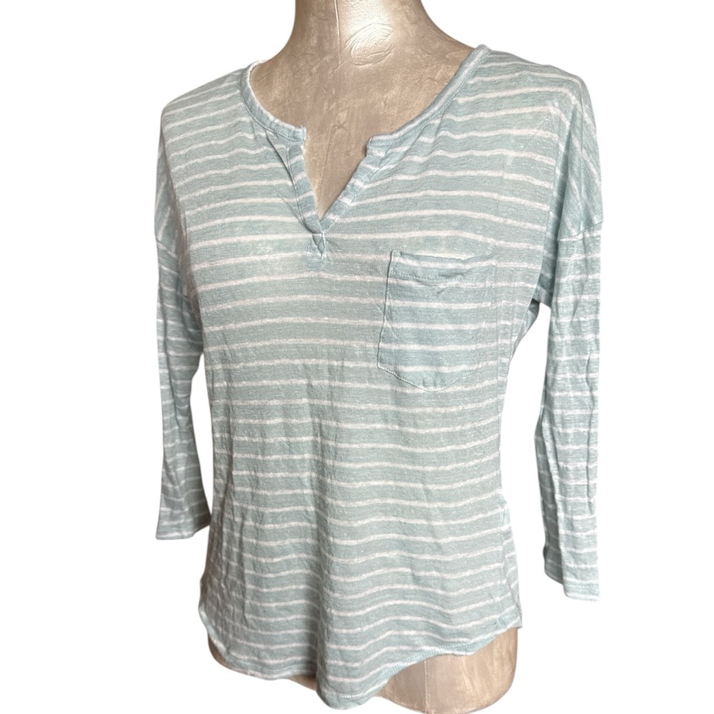 C&C California Women’s Striped 100%linen Mint & White 3/4 Sleeve Knit Top M